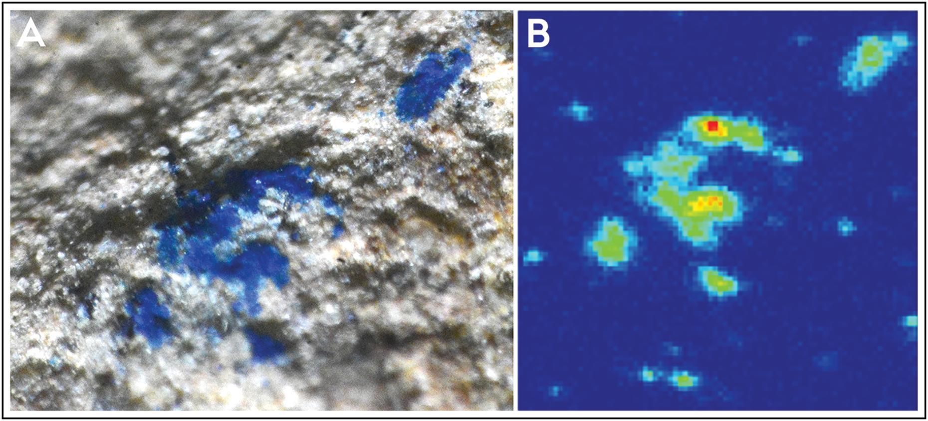 Resultados del análisis PIXE que muestran una de las áreas mapeadas de residuo azul (A) y el mapa de calor de cobre correspondiente a esta área (B).