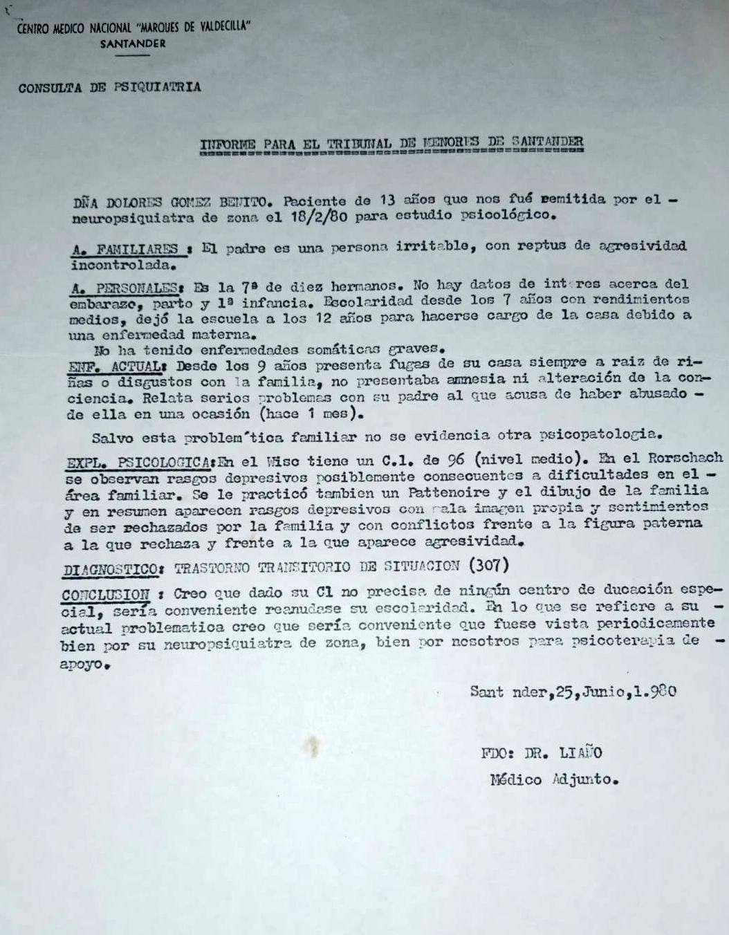 Informe de Loli Benito realizado en el Hospital Valdecilla para el Tribunal de Menores de Santander.
