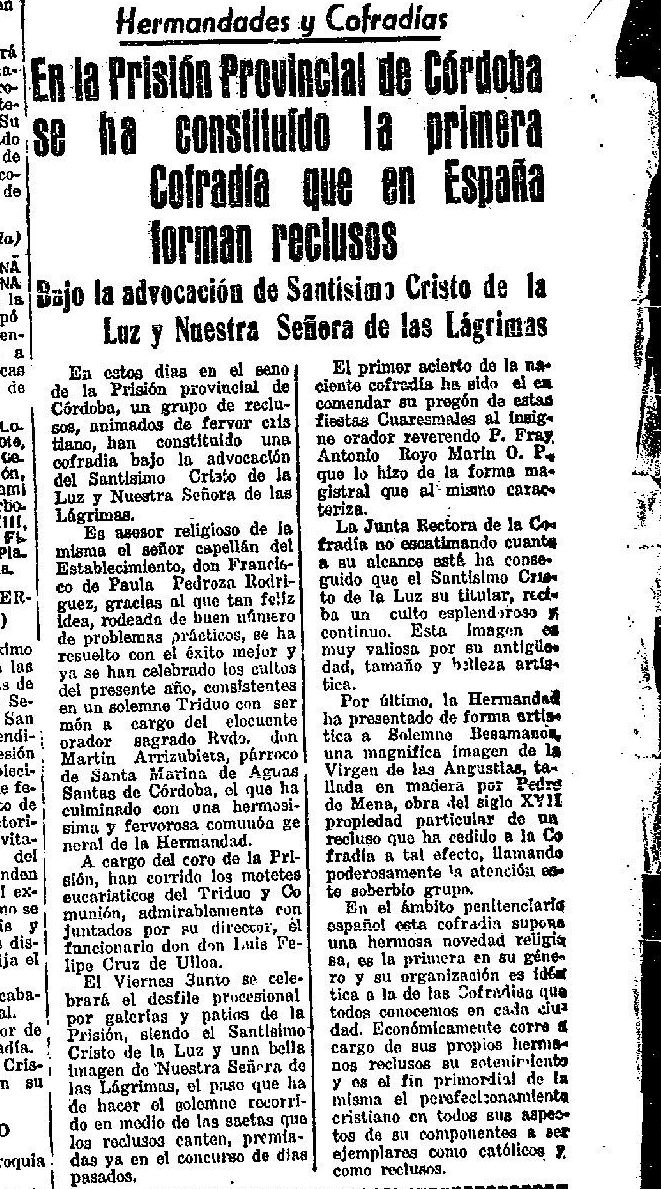 Recorte de Diario Córdoba donde se hacía mención a la primera cofradía constituida por reclusos