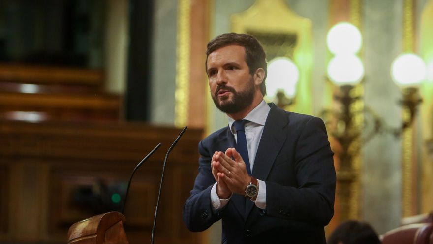 El líder del PP, Pablo Casado, interviene durante una sesión plenaria en la que el Gobierno solicita al Congreso la prórroga del estado de alarma debido a la crisis sanitaria del Covid-19, en Madrid, (España), a 29 de octubre de 2020.