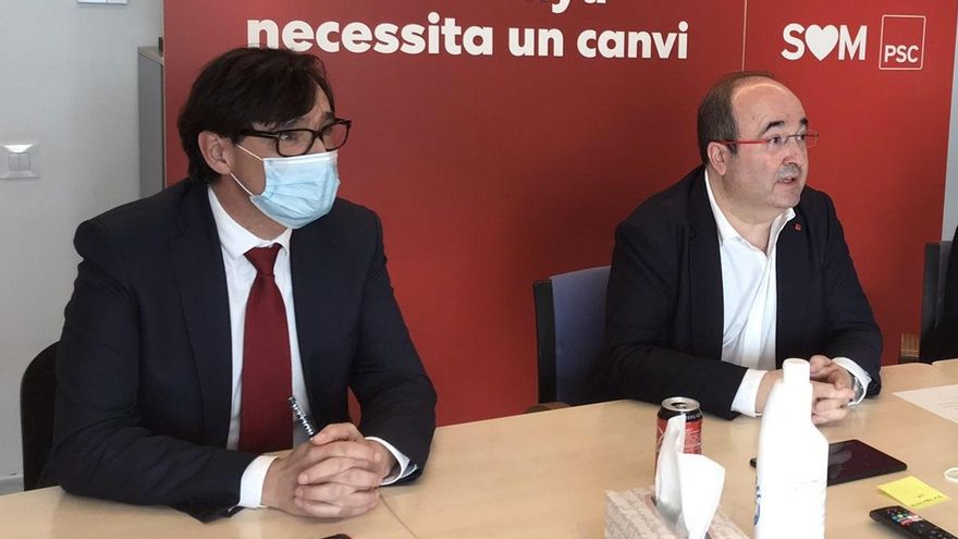 Salvador Illa, Miquel Iceta y Núria Marín este miércoles en el Consell Nacional telemático sobre la candiatura del PSC en las elecciones catalanas