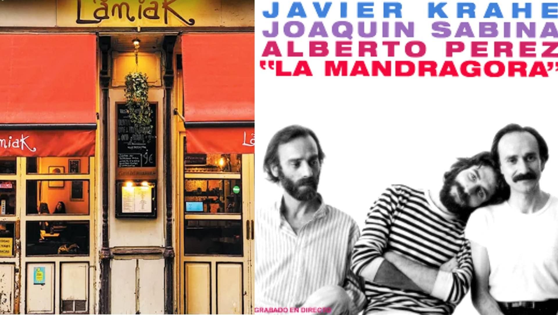 La fachada que luce actualmente La Mandrágora de la Cava Baja, reconvertida en Lamiak. A la derecha, el álbum en su honor