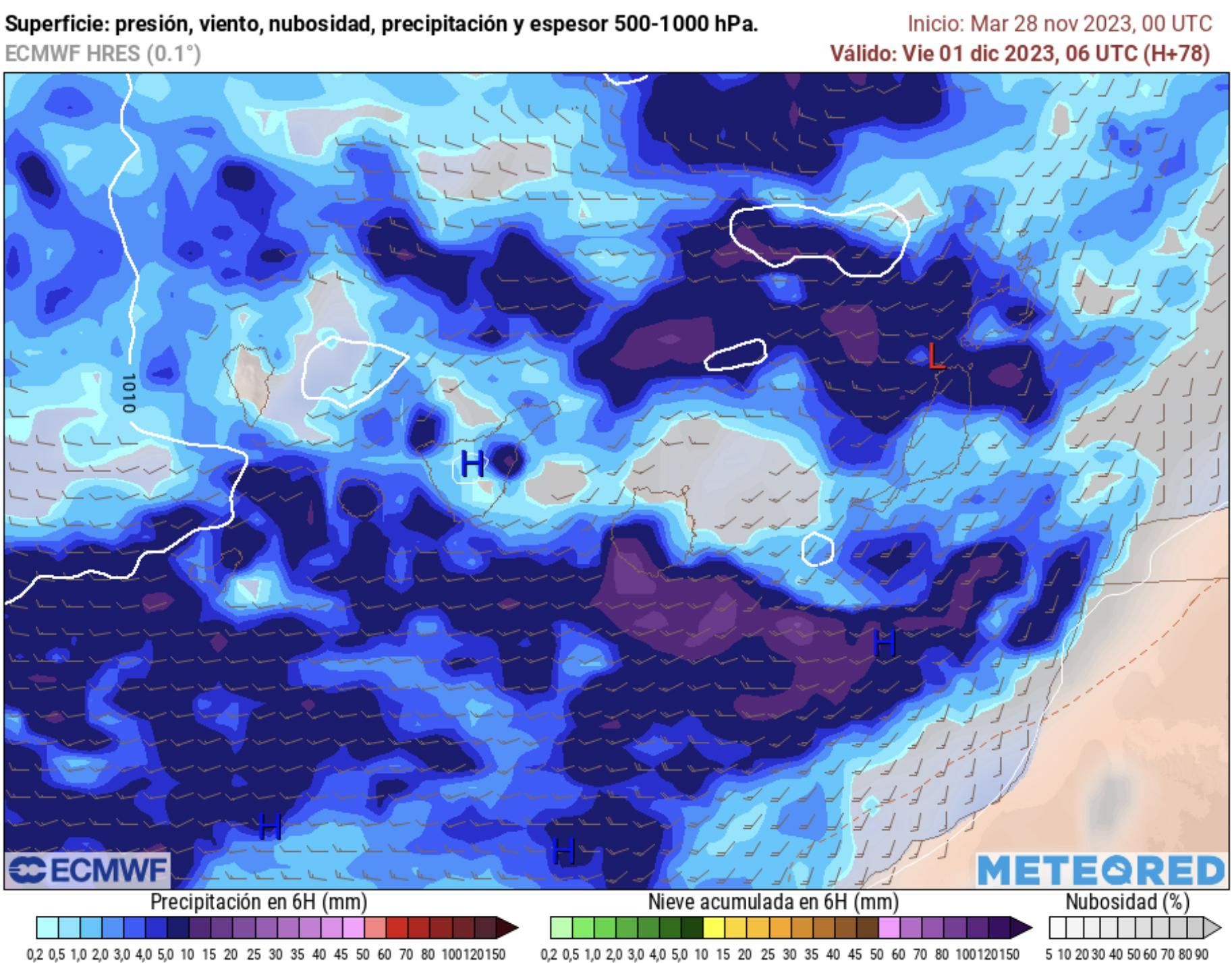Mapa de lluvias esperadas en Canarias este viernes, 1 de diciembre.