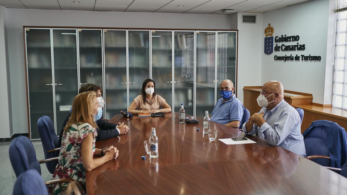 Yaiza Castilla, en el centro de la imagen, con los principales responsables de las patronales hoteleras de Canarias