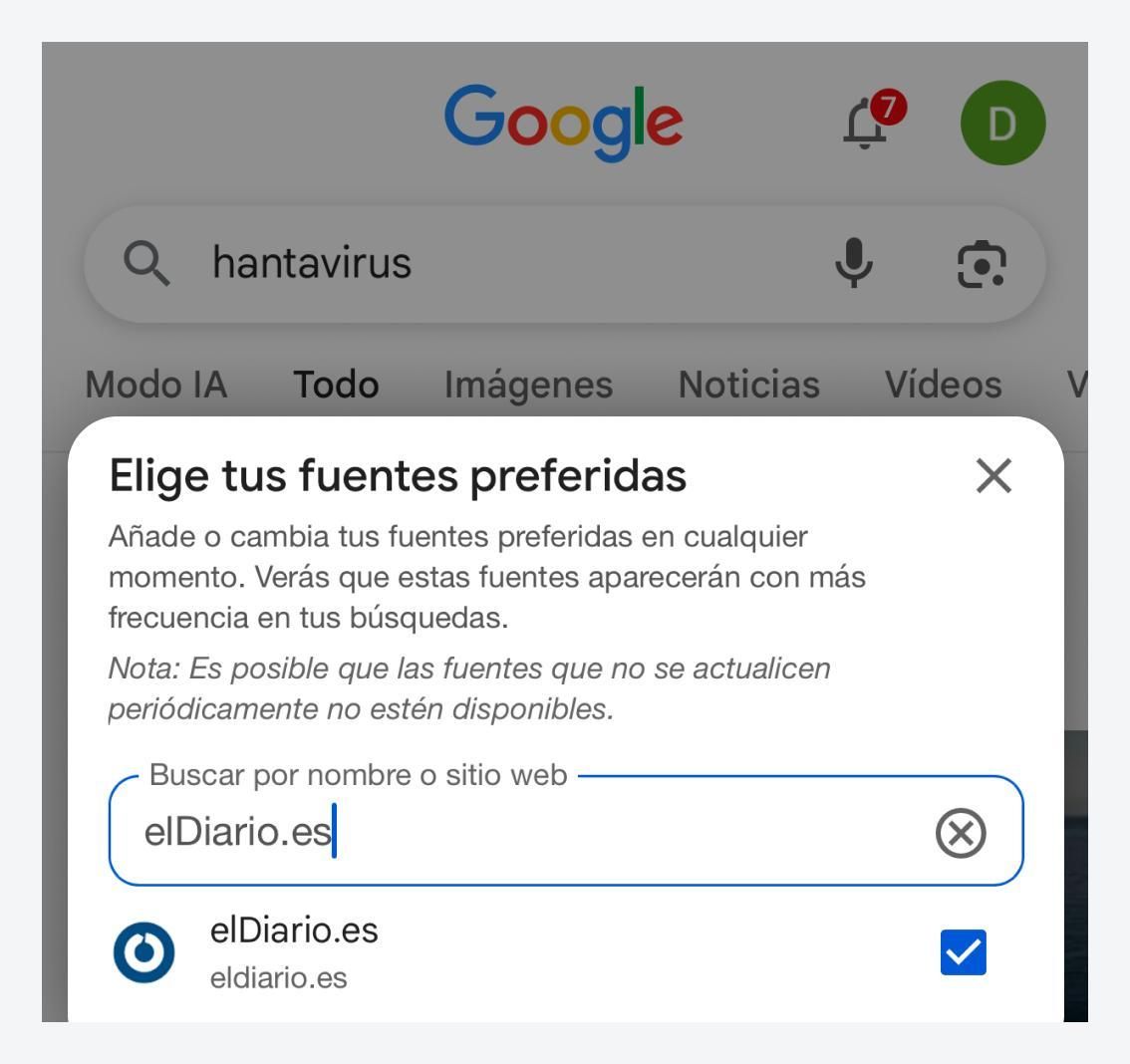 Elegir a elDiario.es como fuente preferida desde Google