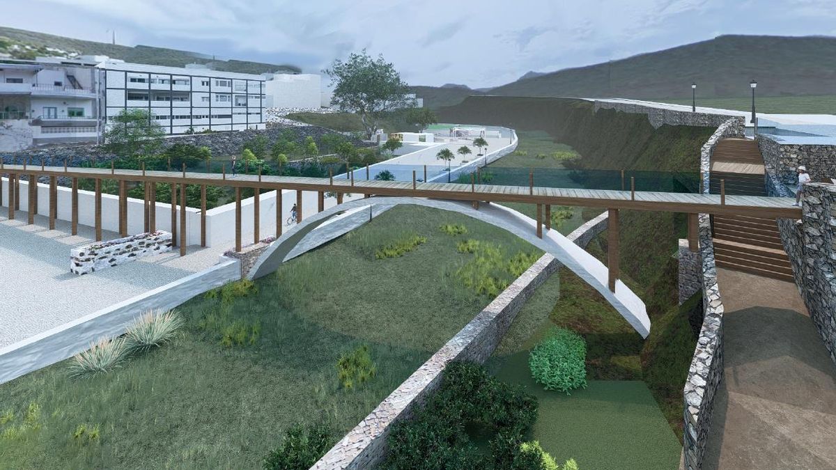 Recreación de la pasarela inspirada en el acueducto del ingenio azucarero.