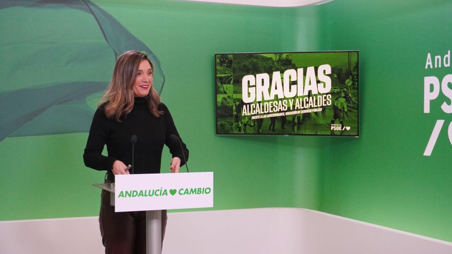 La portavoz del Grupo Socialista en el Parlamento andaluz y vicesecretaria general del PSOE-A, María Márquez, en rueda de prensa.