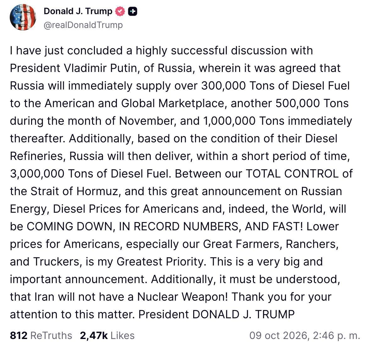 Truth Social de Donald Trump anunciando un acuerdo con Putin para distribuir gasóleo ruso.