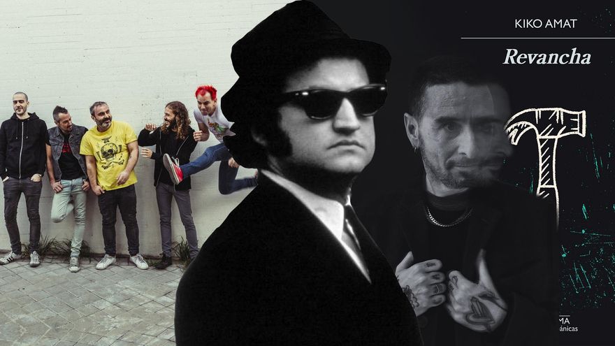 El grupo Parquesvur, John Belushi en "Blues brothers" y Kiko Amat junto a la portada de su nuevo libro