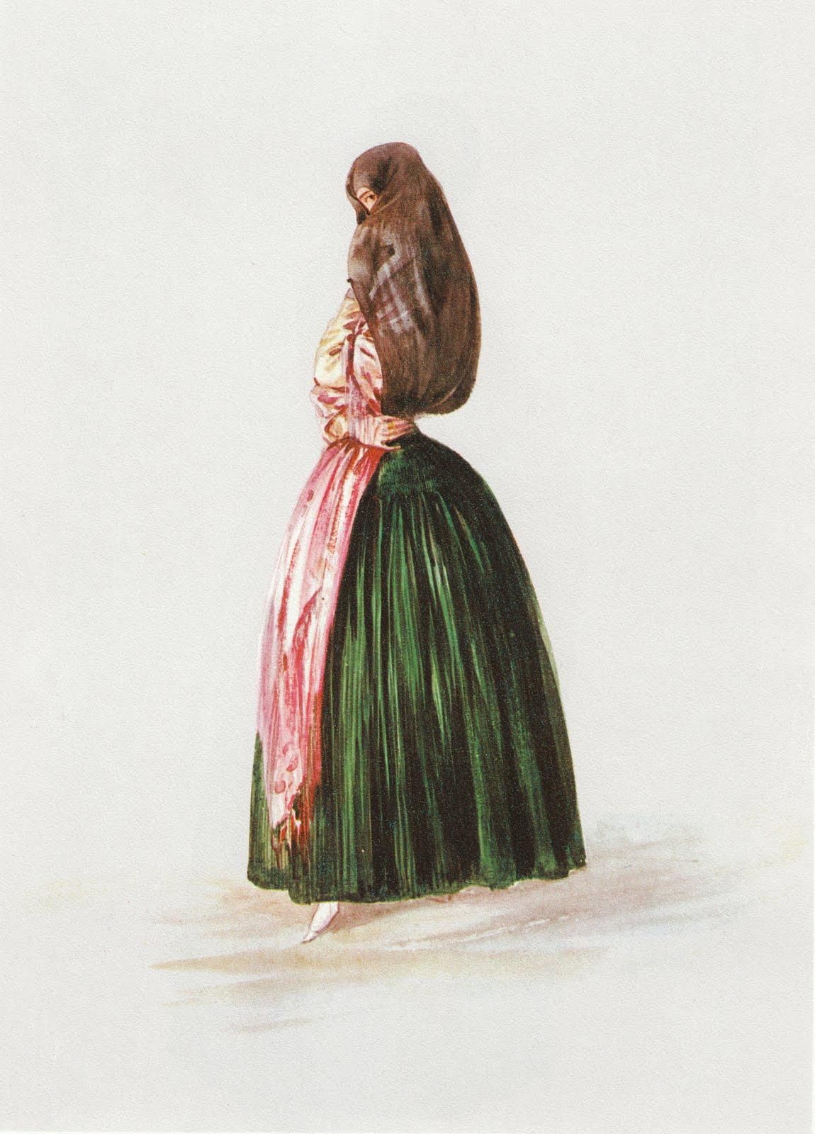 Tapada, con manto y saya.  Perú. Óleo de M. Rugendas (1802--1858).