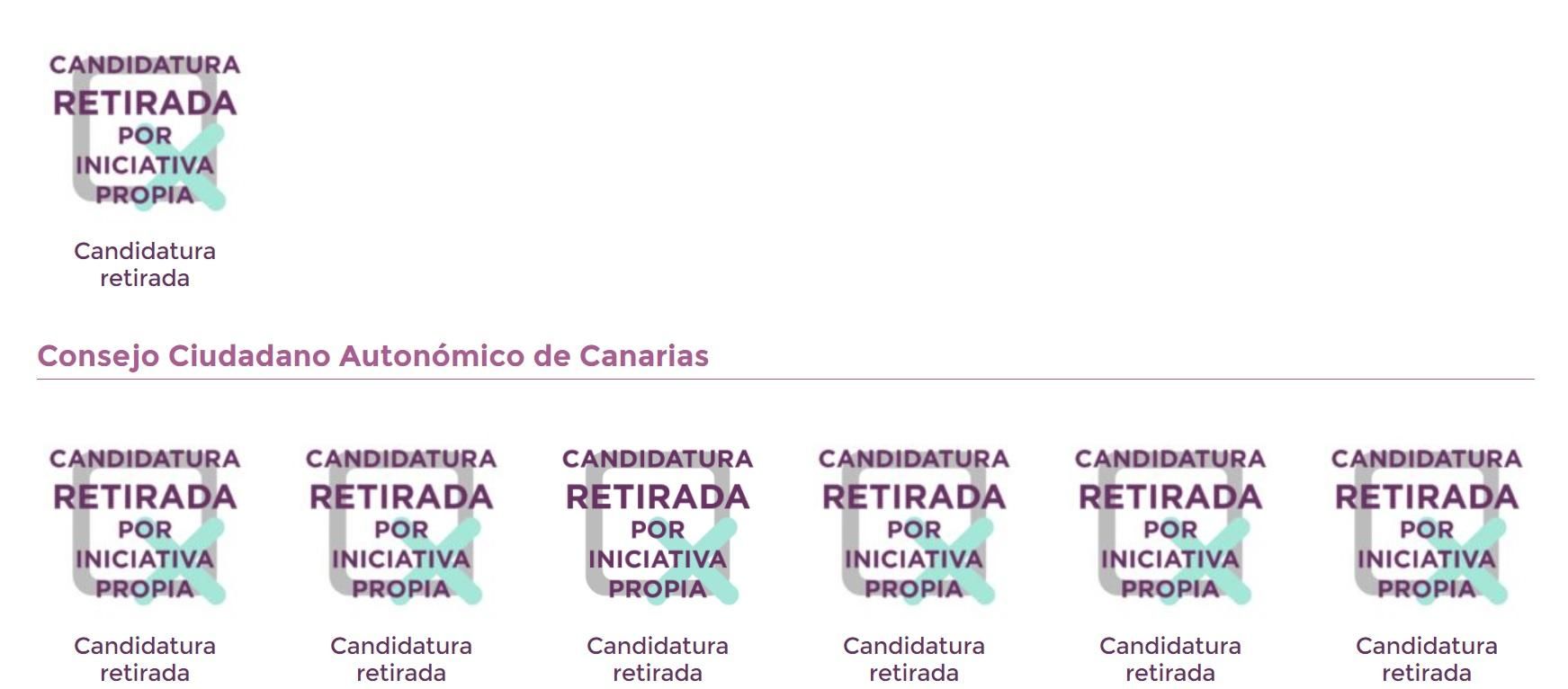 Página de web de Podemos Canarias, donde aparece retirada la candidatura de Meri Pita.