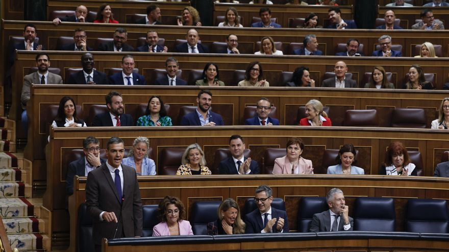 El presidente del Gobierno, Pedro Sánchez, interviene durante la sesión de control al Ejecutivo que se celebra este miércoles en el Congreso, en Madrid.