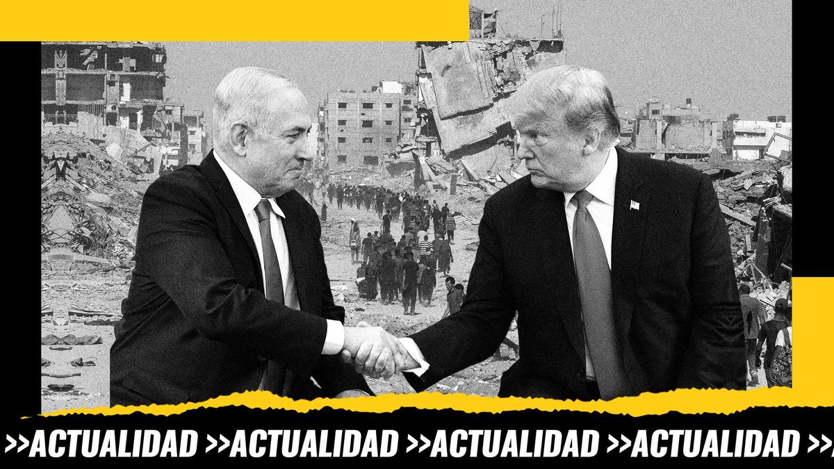 Montaje: foto de archivo de Trump y Netanyahu sobre una fotografía de miles de palestinos desplazados que regresan a Gaza entre los escombros