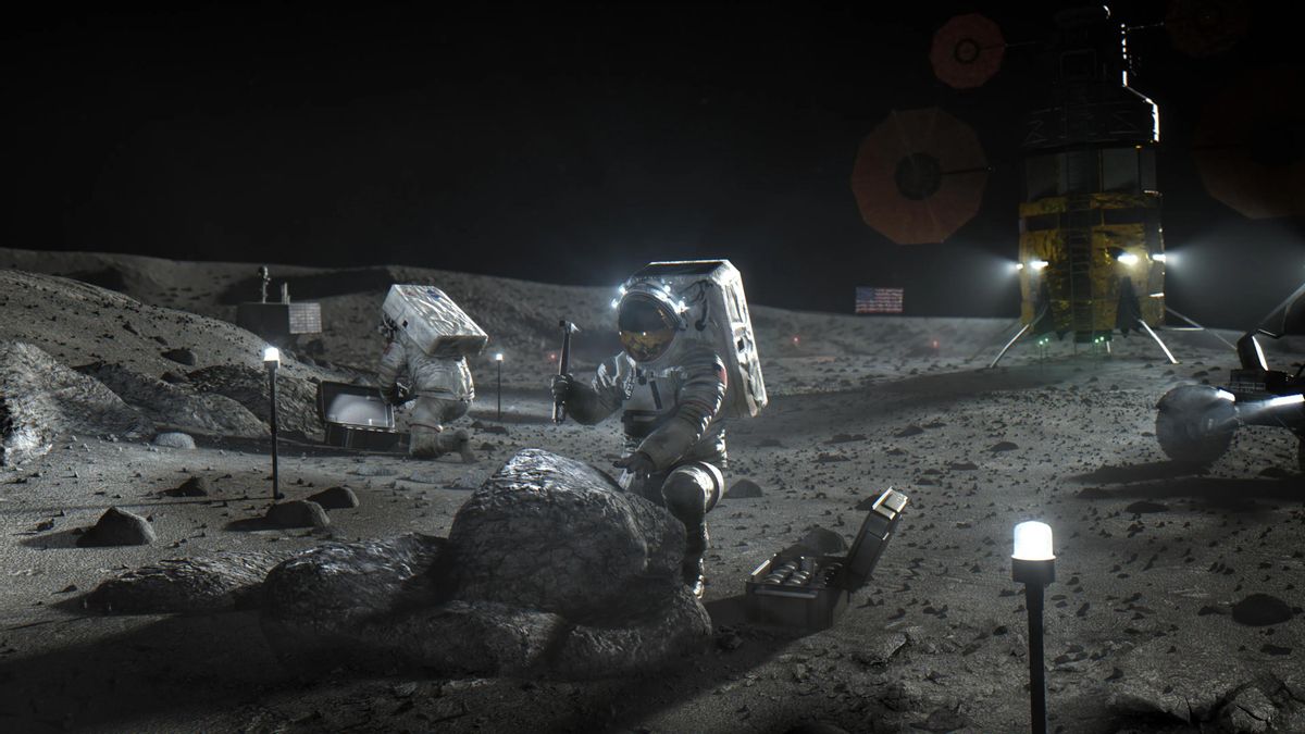 Ilustración de un artista de la NASA que muestra a los astronautas de Artemis trabajando en la Luna