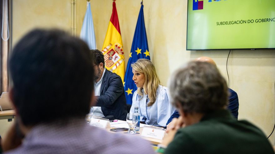 La vicepresidenta segunda del Gobierno, Yolanda Díaz, durante la reunión con los sindicatos en Ourense
