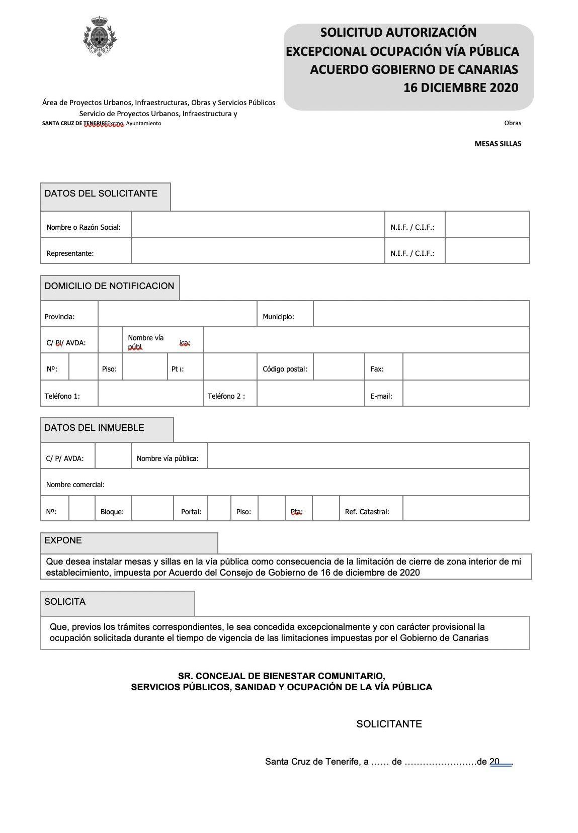 Solicitud de la autorización excepcional para ocupar la vía pública por parte de los comercios de hostelería (Ayuntamiento de Santa Cruz)