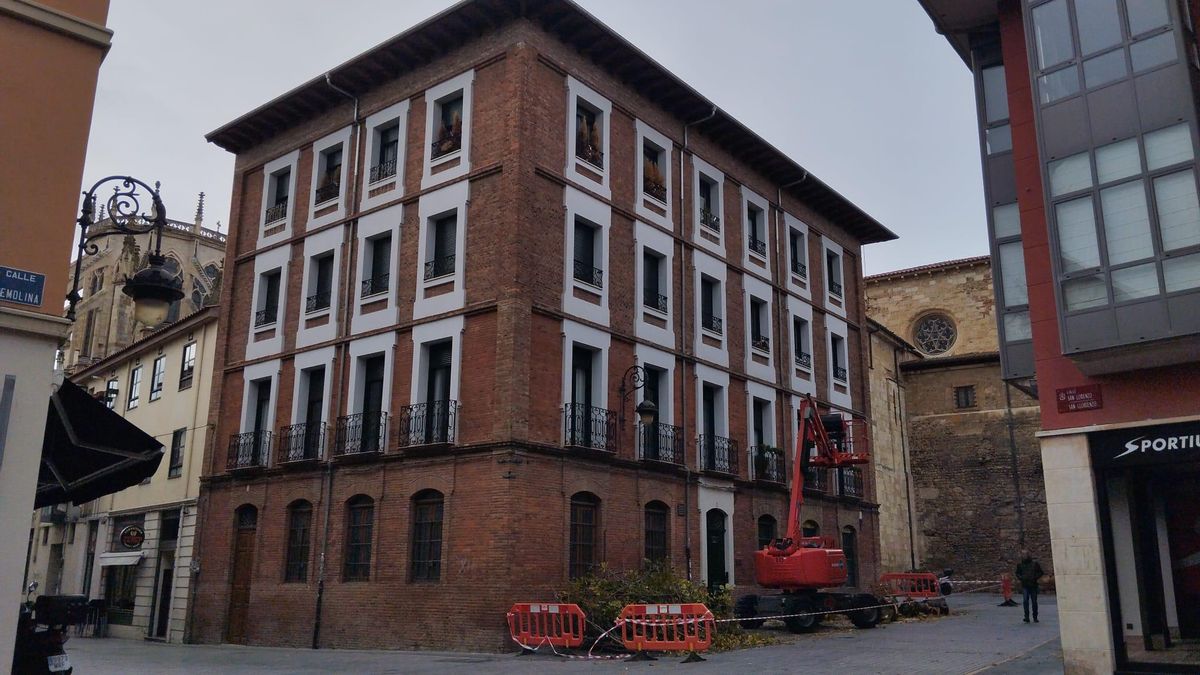 Restos del árbol cortado ante el edificio de viviendas, con la Catedral de León a la izquierda y la muralla a la derecha.