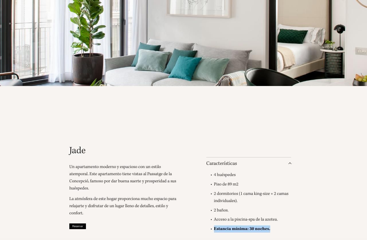 Portal de Simaba para uno de sus pisos en Passatge de la Concepció, a partir de 3.000 euros al mes. Se especifica que es alquiler temporal al fijar 30 noches mínimo