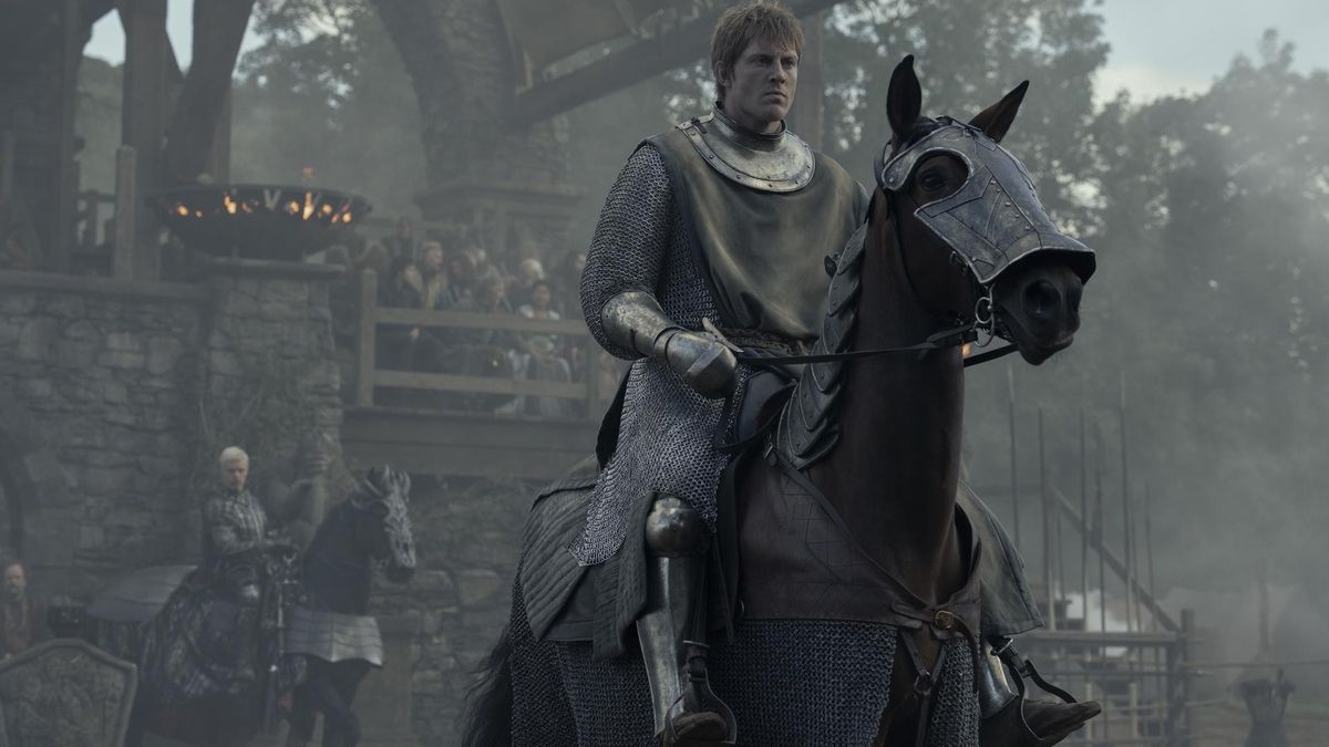 Ser Duncan el alto busca la ayuda de un caballero en Vado Ceniza. De fondo, Aerion Targaryen