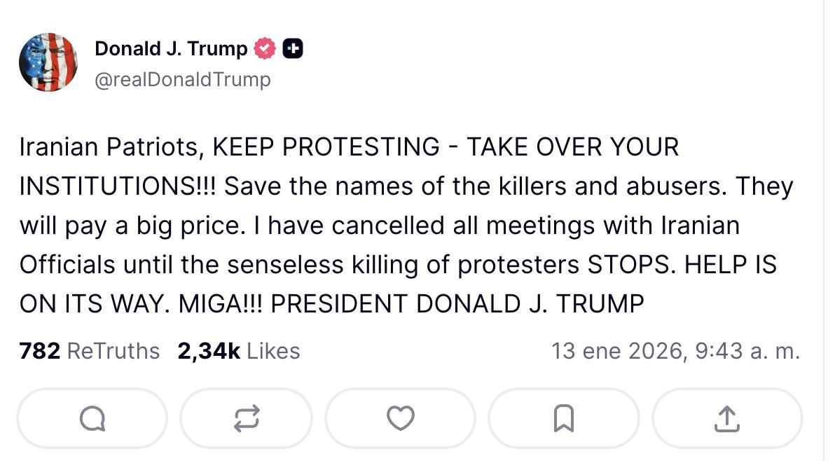 Truth Social de Trump sobre las protestas en Irán.