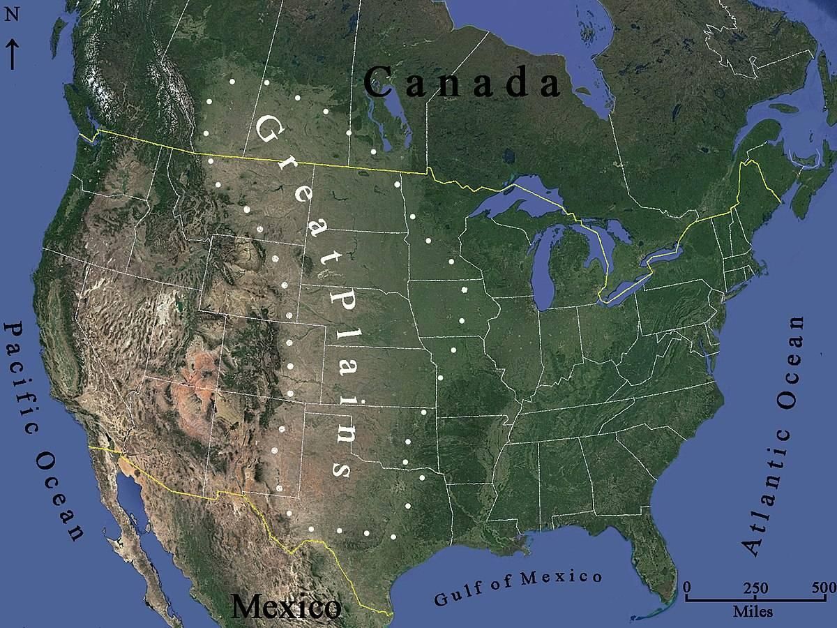 Imagen satelital con la distribución aproximada de las Grandes Llanuras norteamericanas.