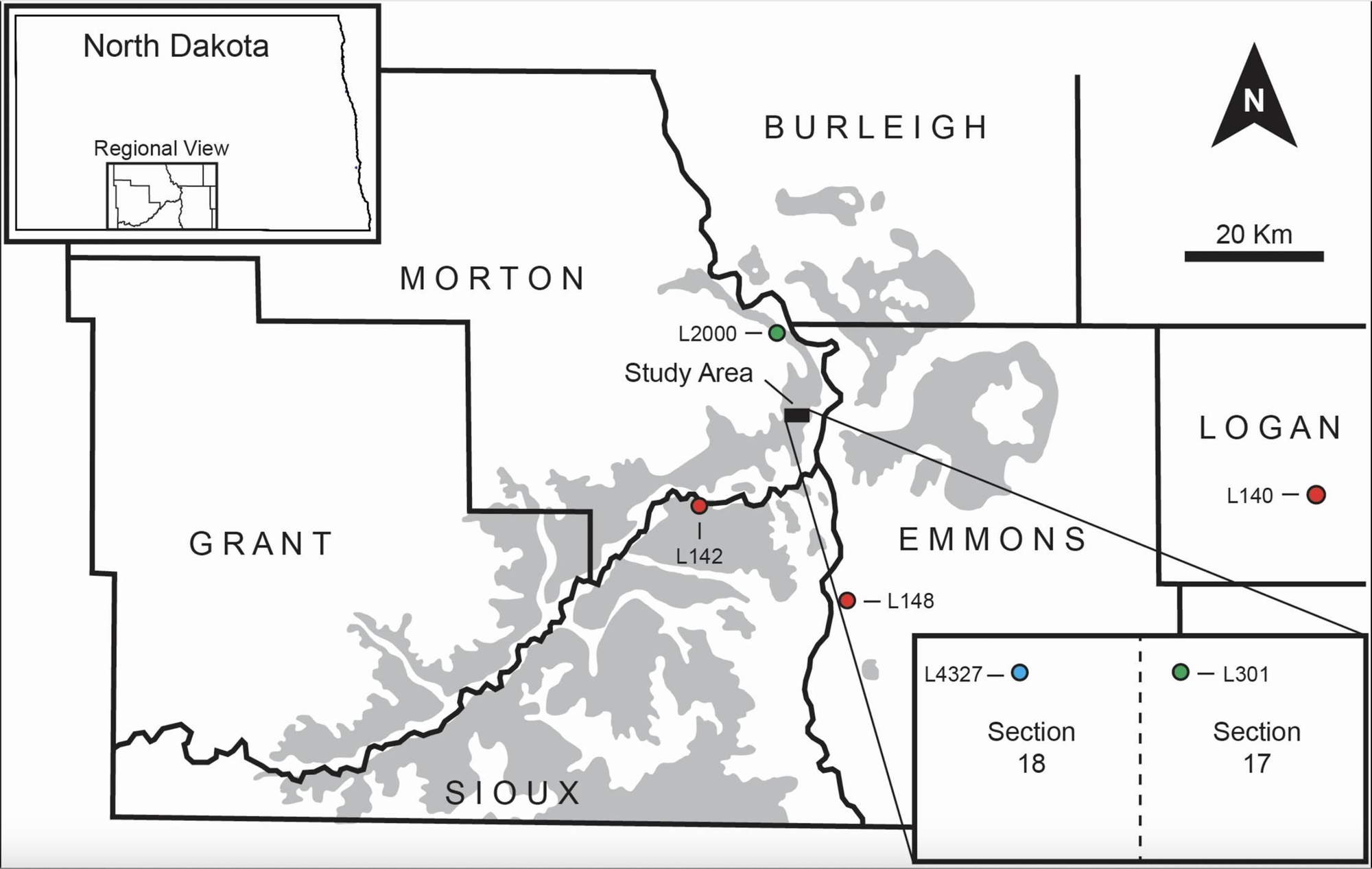 Ubicaciones de estudio en el centro-sur de Dakota del Norte