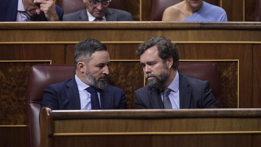 El líder de Vox, Santiago Abascal (i) y el portavoz parlamentario de Vox en el Congreso, Iván Espinosa de los Monteros (d).