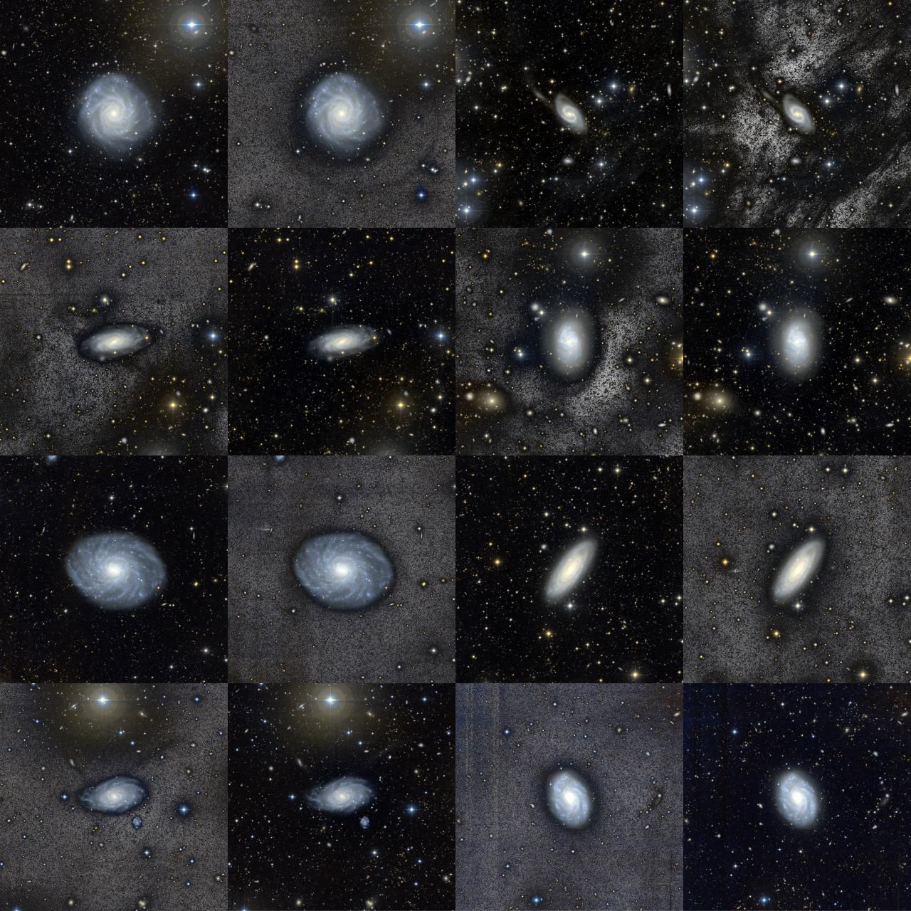 Imágenes profundas de ocho galaxias análogas a la Vía Láctea del proyecto BEARD observadas con la Wide Field Camera del telescopio Isaac Newton en el Observatorio del Roque de los Muchachos. De izquierda a derecha y de arriba abajo: NGC3938, NGC2543, NGC1090, NGC1087, NGC3486, NGC7606, NGC3614 y NGC3810. © Javier Román y Carlos Marrero de la Rosa.