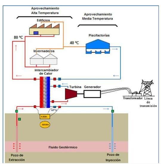 Esquema de funcionamiento de una planta de geotermia con un solo doblete 
geotérmico. Para el proyecto en Ciudad Real se estima que se podrá instalar al menos una planta de 40 MW netos de potencia eléctrica.