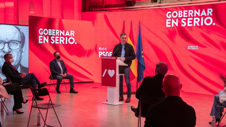 Sánchez en un acto de la precampaña de Gabilondo en presencia también de José Luis Ábalos y José Manuel Franco.