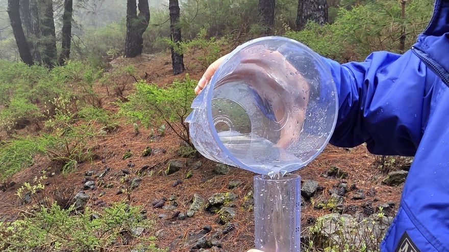 Uno de los pluviómetros colocados en el entorno del volcán Tajogaite con el agua de la lluvia caída durante la borrasca Therese