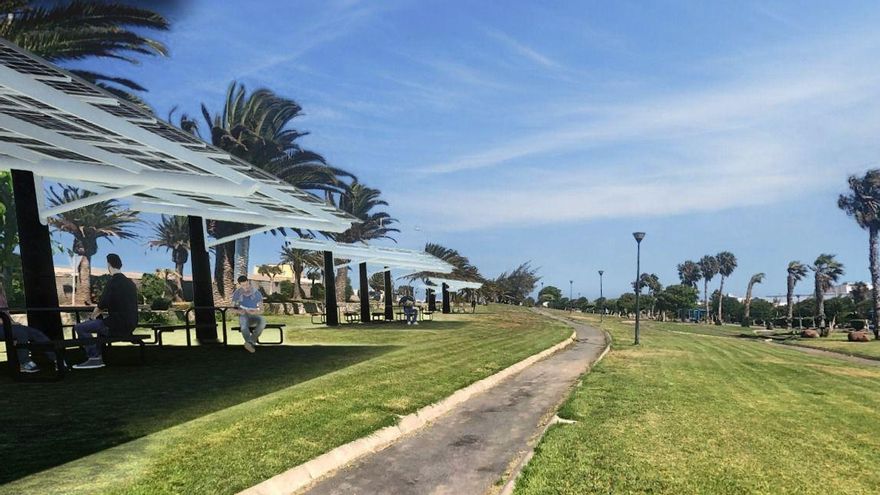 Infografía de marquesinas fotovoltaicas con almacenamiento en el Polígono Industrial de Arinaga.