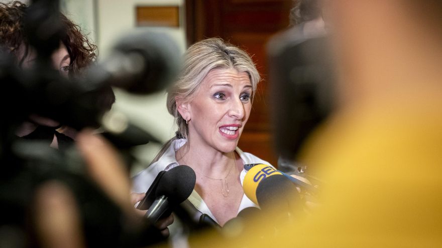 La vicepresidenta segunda y Ministra de Trabajo y Economía Social, Yolanda Díaz, realiza unas declaraciones a los medios, tras una reunión del Grupo Parlamentario Sumar, en el Congreso de los Diputados, a 21 de febrero de 2024, en Madrid (España). Se da l