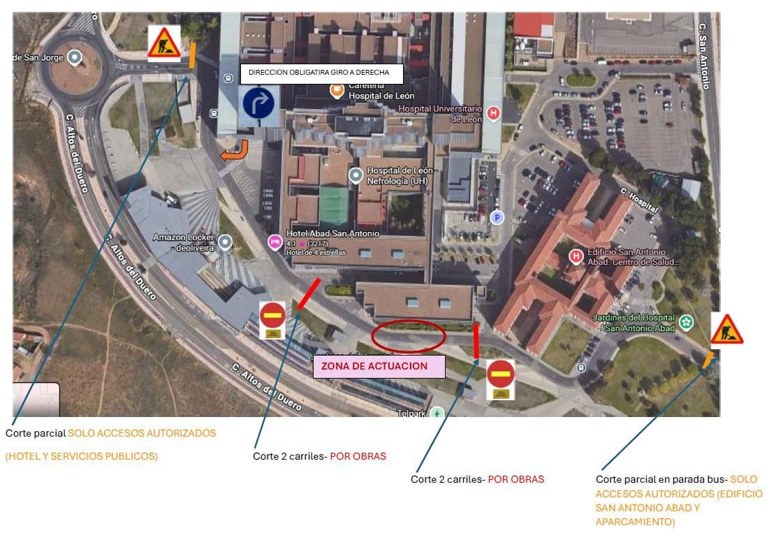 Mapa de los puntos afectados por cortes de tráfico en el Hospital de León. 