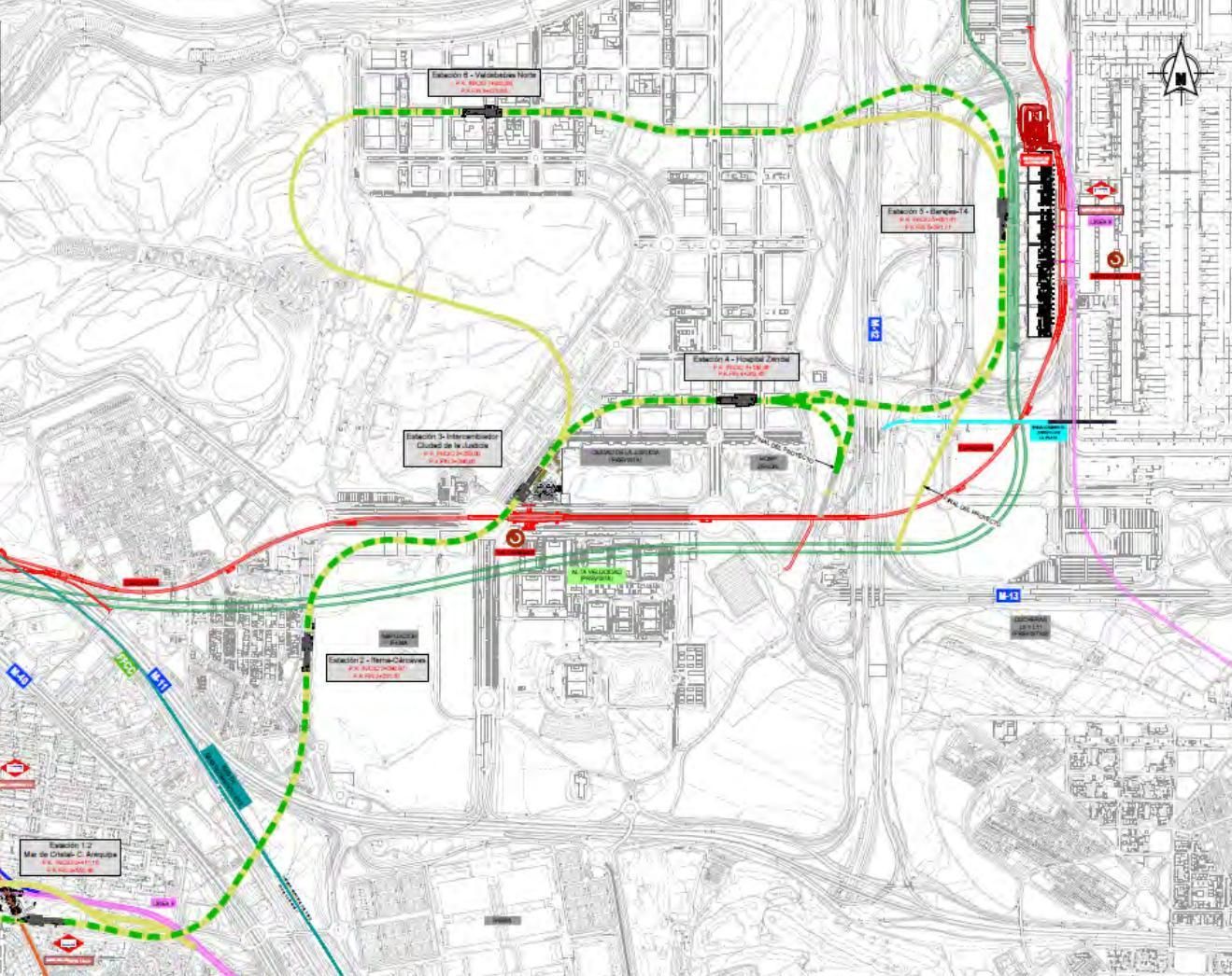 Trazado y estaciones de la ampliación de la línea 11 en Hortaleza y Barajas