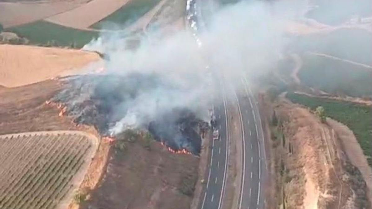 Incendio en la AP-68 a la altura de Haro: medios aéreos y terrestres tratan de sofocar el fuego que ya está controlado