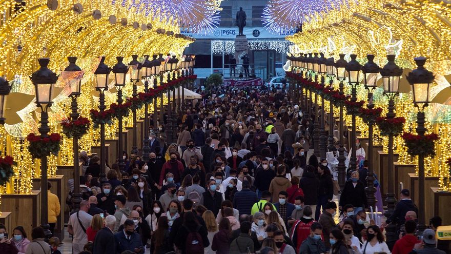 Numerosas personas observan el alumbrado de Navidad de la calle Larios, en Málaga, en plena pandemia.