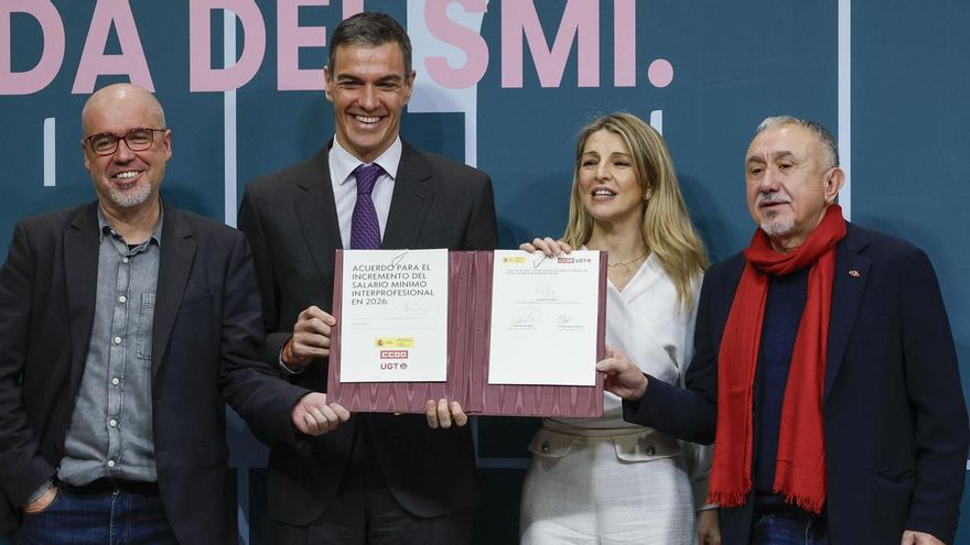 Pedro Sánchez se suma a la firma de la subida del salario mínimo a 1.221 euros entre Trabajo y los sindicatos