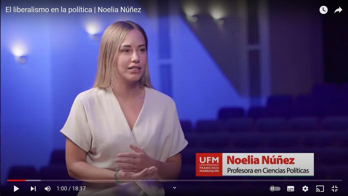 Imagen de un vídeo promocional de la "Universidad Francisco Marroquín" donde presentan a la diputada y dirigente del PP Noelia Núñez como "profesora de Ciencias Políticas".