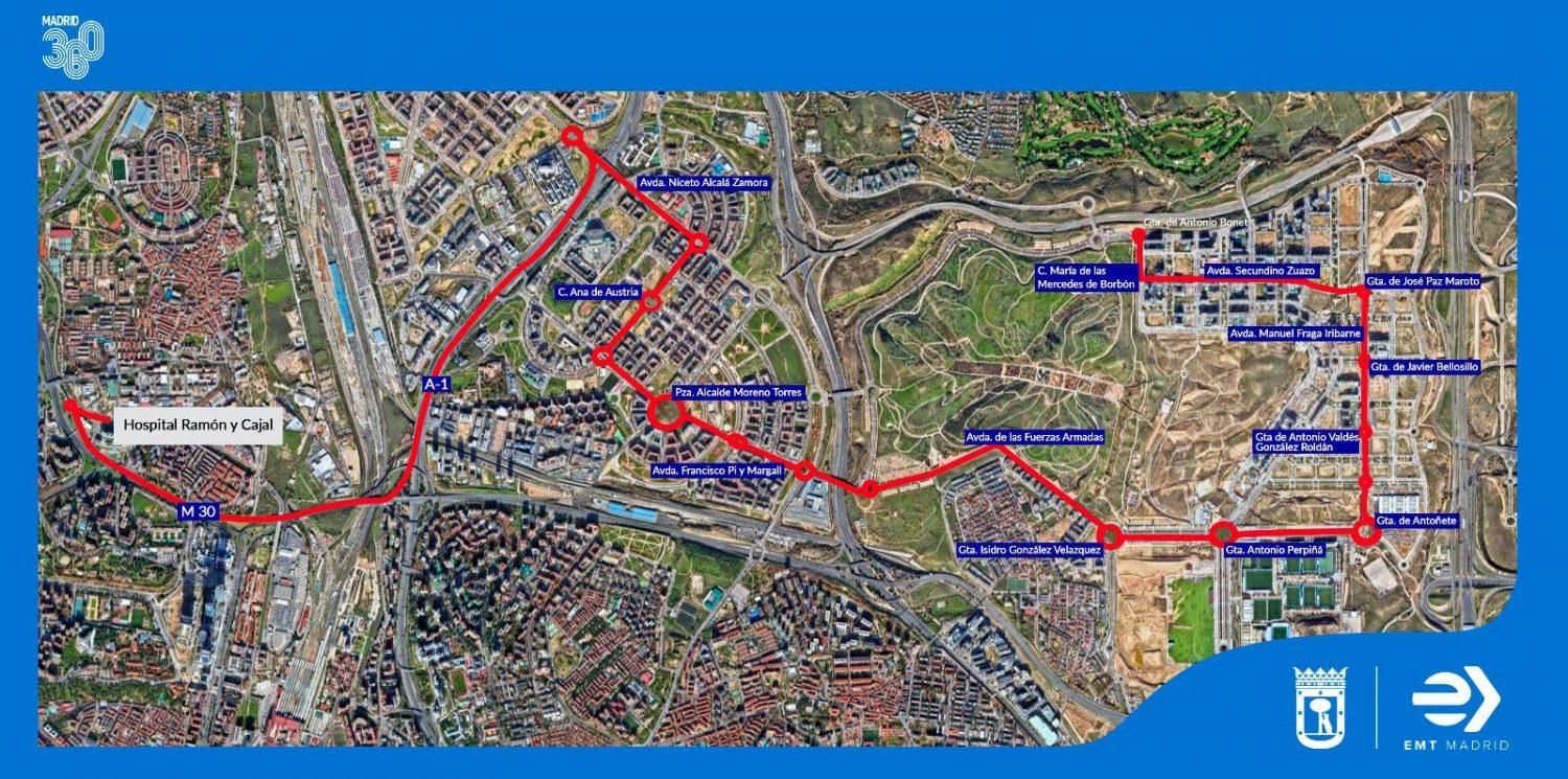 Recorrido de la primera línea de bus en plataforma reservada de Madrid, anunciada por Almeida