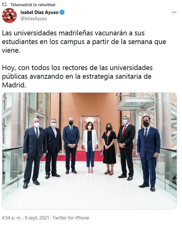Captura del retuit de Telemadrid al mensaje de Ayuso