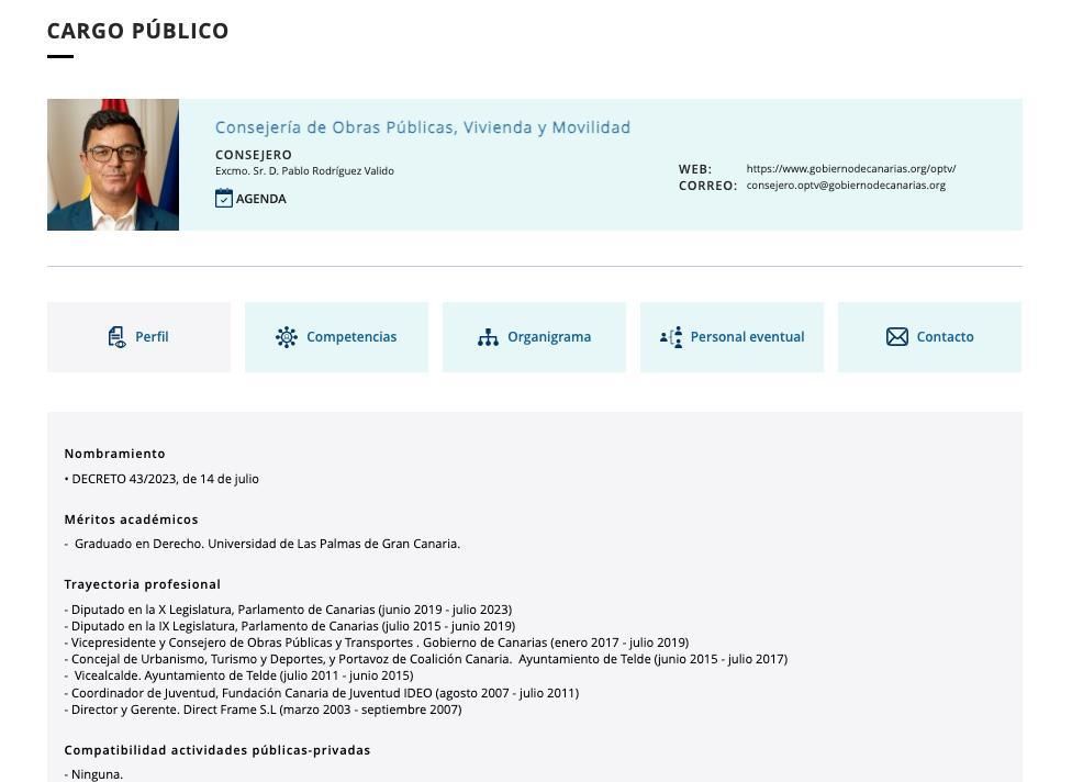 Biografía de Pablo Rodríguez en la Consejería de Obras Públicas en 2023