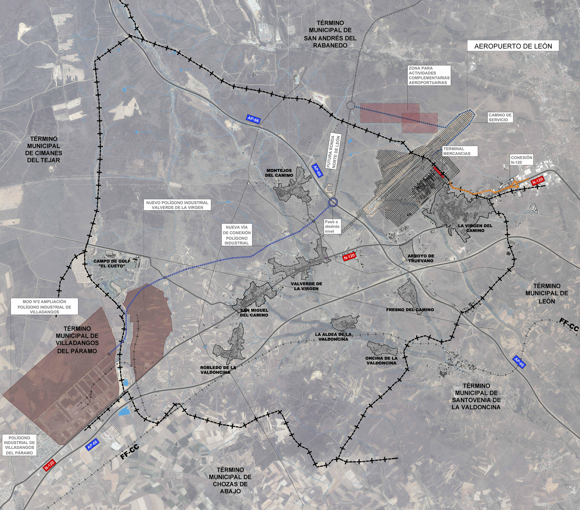 Propuesta de accesos desde Villadangos y entroncada con la rutura Ronda Norte de León al aeropuerto.