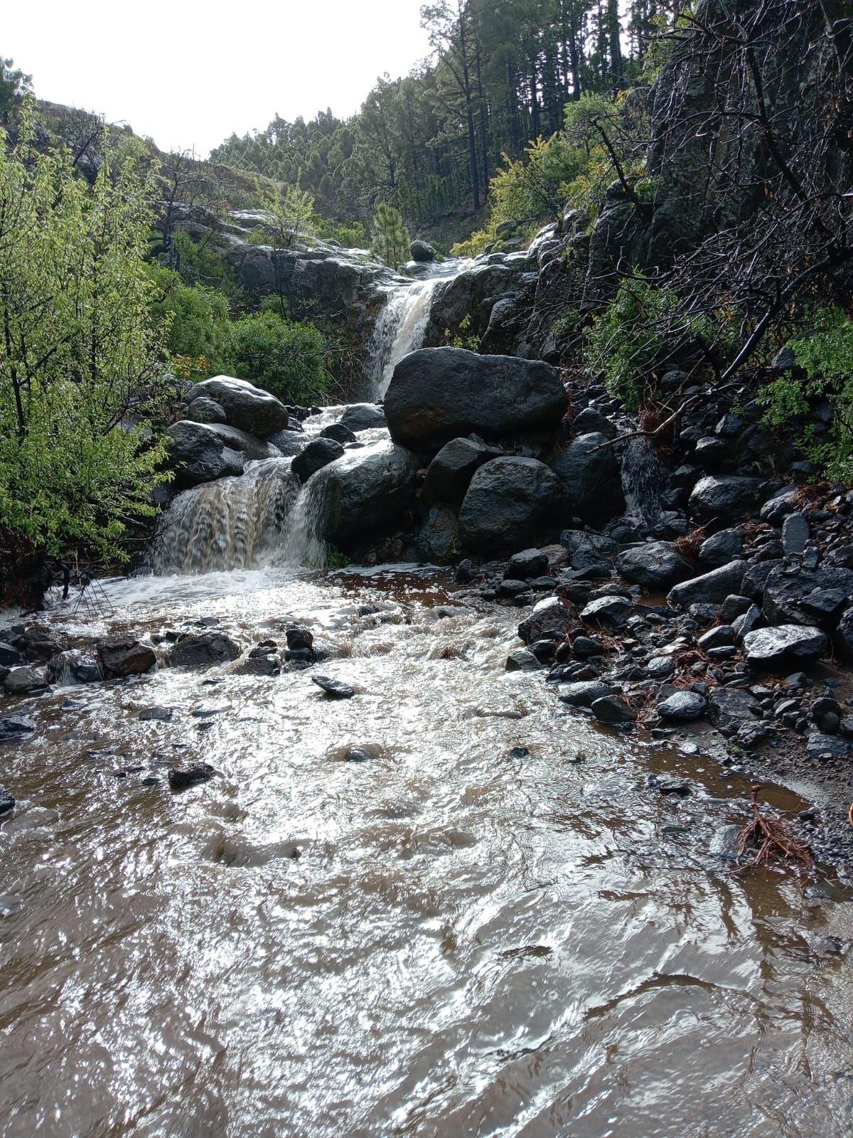 El agua de las intensas lluvias corre este martes por las barranqueras de los montes de La Palma.