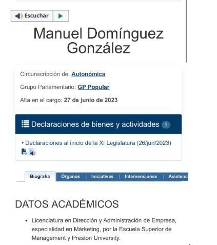 La biografía de Manuel Domínguez en el Parlamento de Canarias.