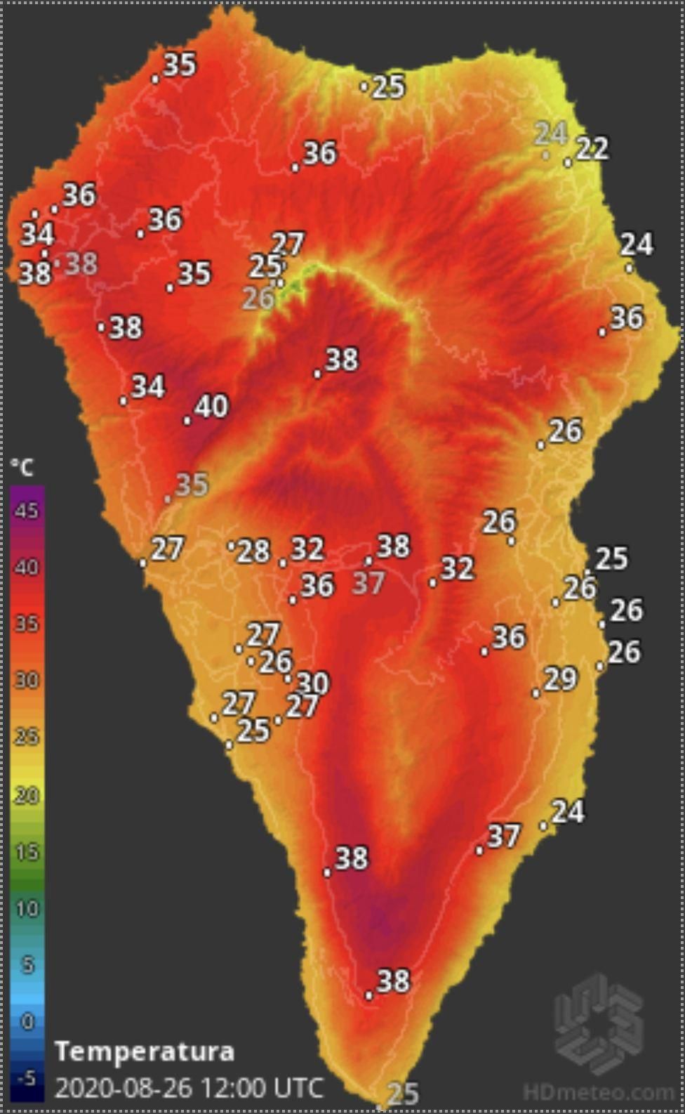 Mapa de HD Meteo La Palma donde se indica la tempera que, a las 12.00 horas de este miércoles, se registraba en numerosos puntos de la Isla.