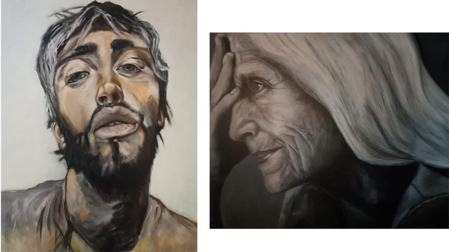 "Versión  de Nick Lepard", acrílico/lienzo y "Mujer Grande", óleo/tabla