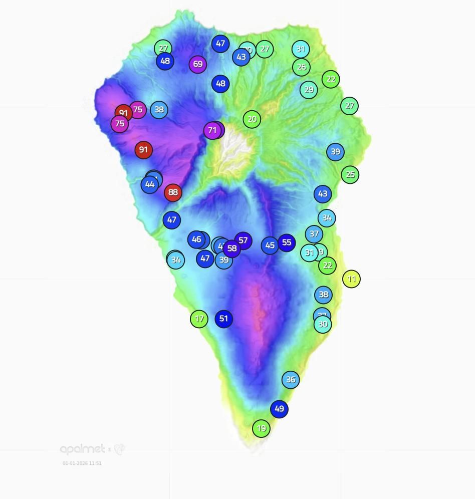 Mapa de Apalmet de la lluvia registrada en diversos punto de La Palma hasta las 11.51 horas de este 1 de enero de 2026.