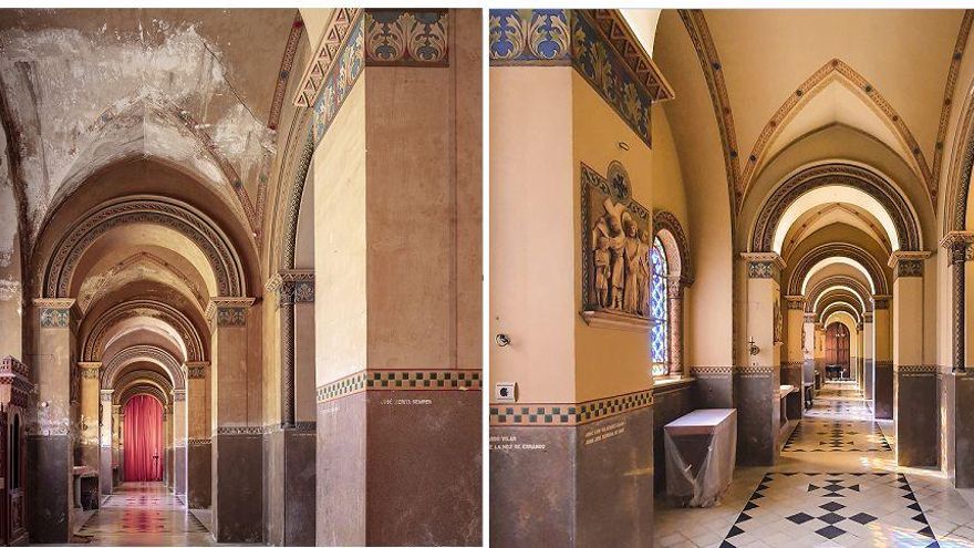 L’estat de l’església abans i després de la restauració. 