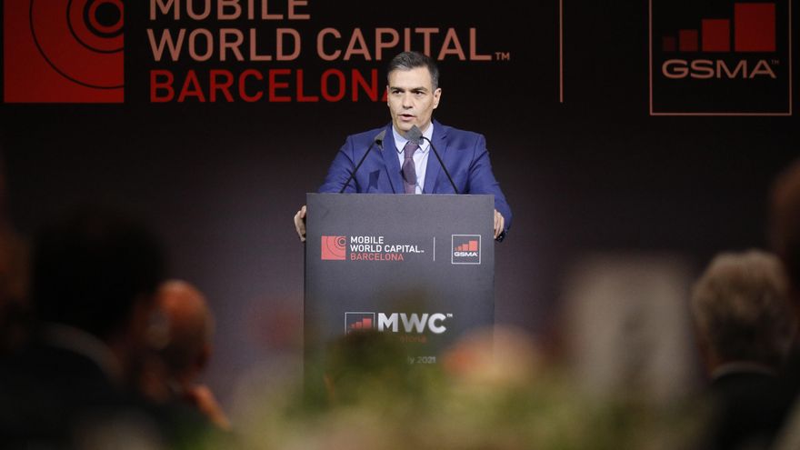 El presidente del Gobierno, Pedro Sánchez, durante la cena inaugural del Mobile World Congress, a 27 de junio de 2021, en Barcelona (España)